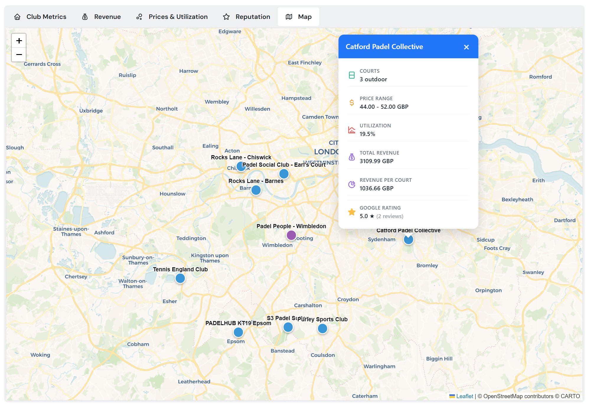 Map of all padel clubs with detailed metrics for each